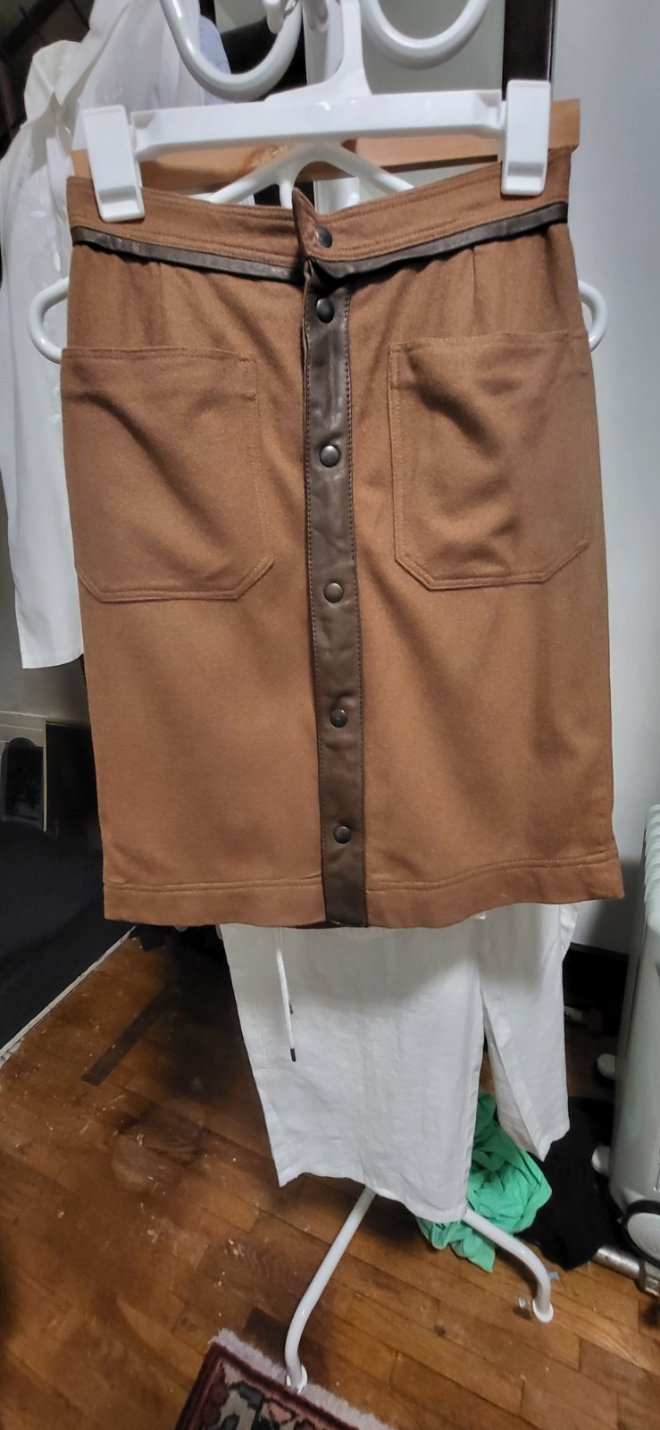 Vintage 1960&rsquo;s ? Americo Brown Wool & Faux Leather Trim Snap Down Skirt IT 42