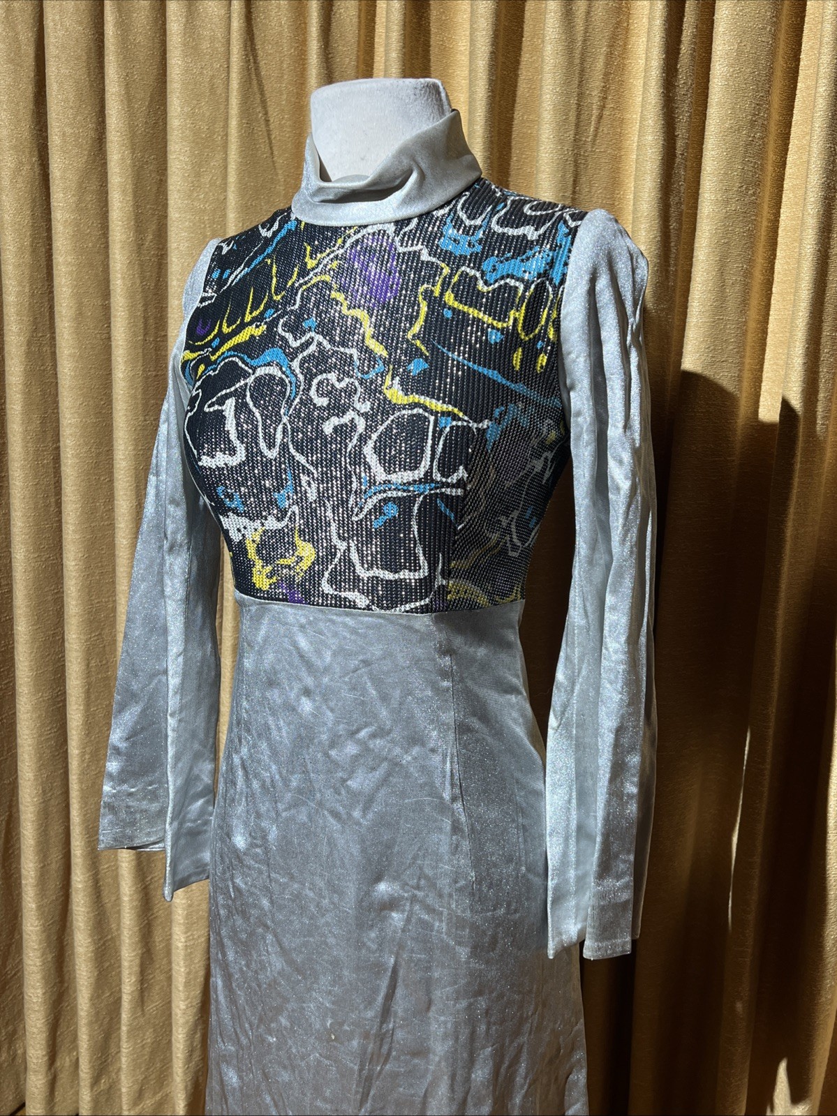 Vtg 1960s Liquid Silver Psychedelic Space Age Disco Maxi Dress With Bell Sleeves