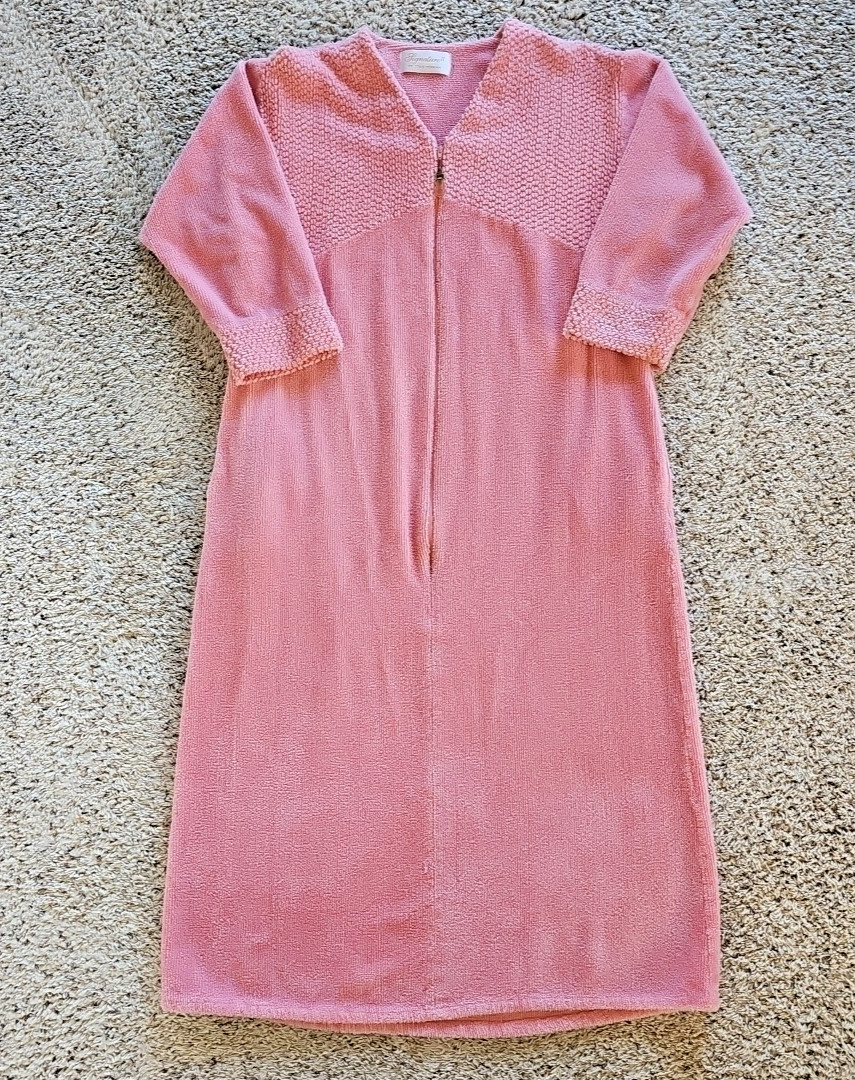 Vintage Signature II Stan Herman Chenille Zip Up Bath Robe Large Pink Housecoat