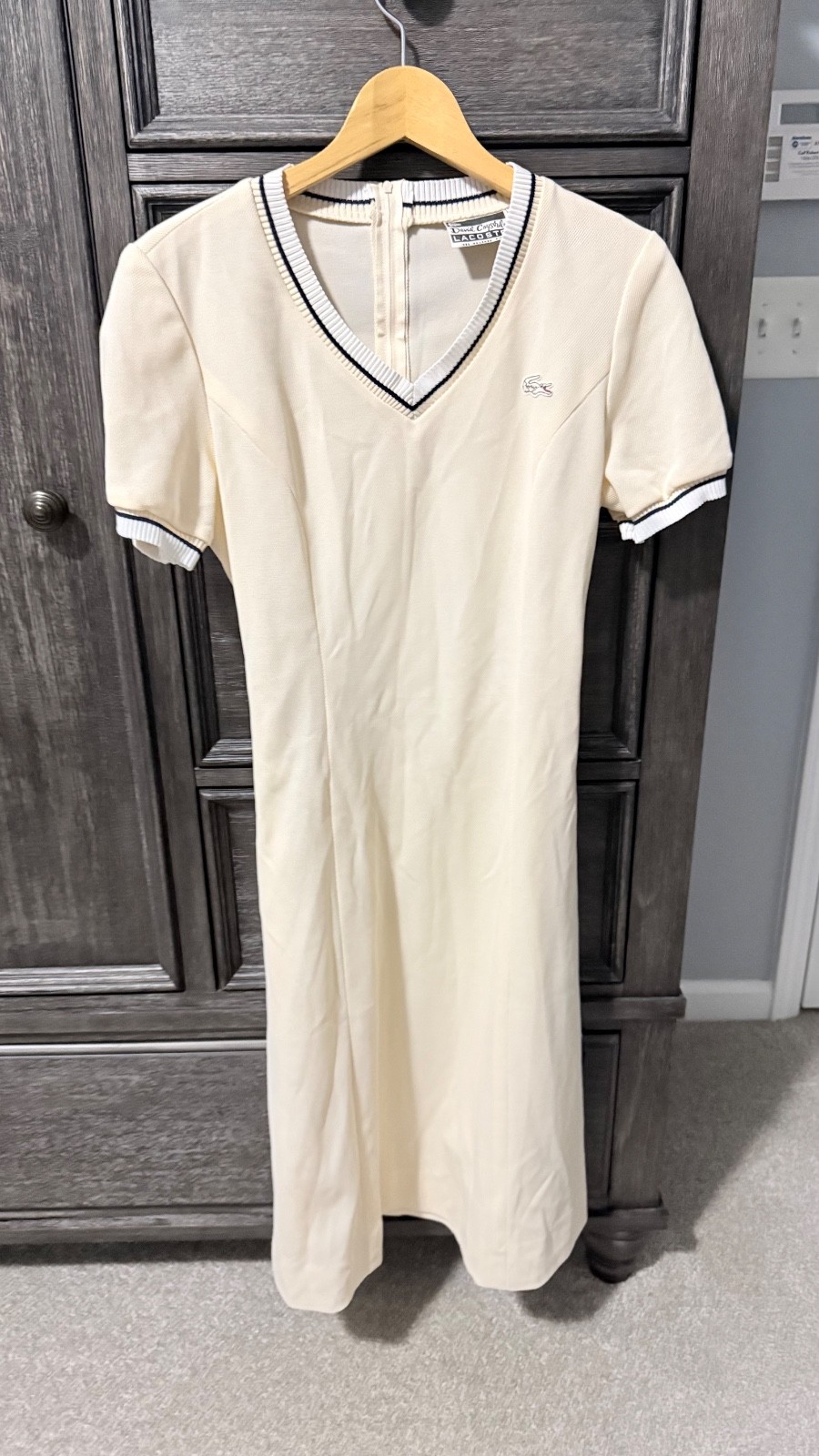Vintage David Crystal Lacoste Tennis Dress USA Cream Navy Trim Belted Size 12