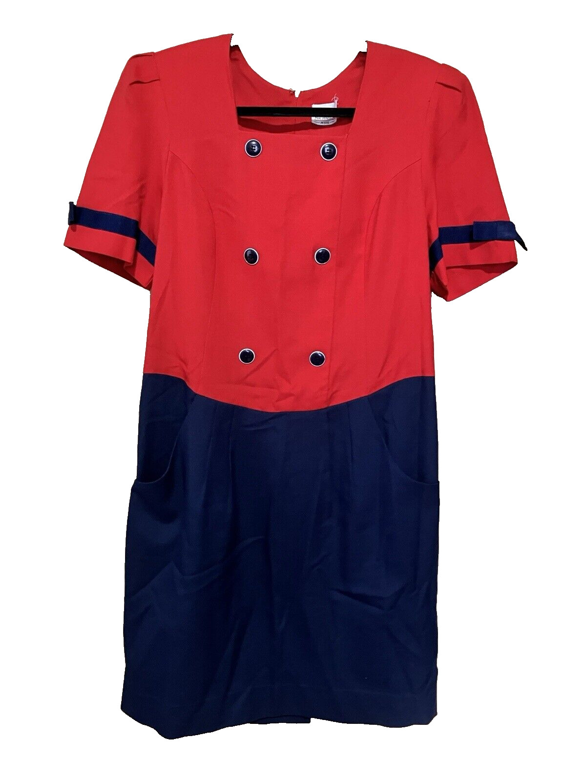 1980s Shelly Michael&rsquo;s Petites Red Navy Short Sleeve Double Breasted Dress Sz M