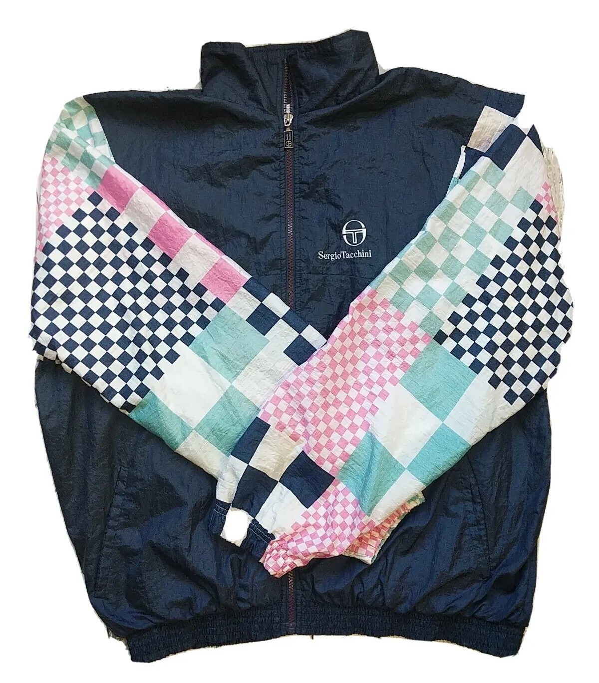 Vtg Sergio Tacchini Jogging Windbreaker Jacket~womens XLT~Blue Pink Check