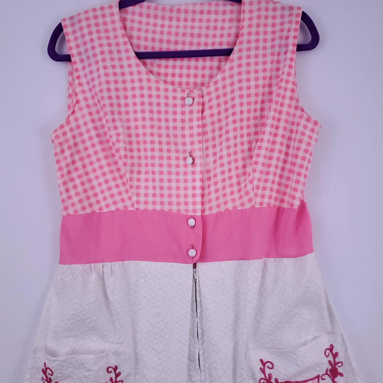 Vtg BarbieCore Pink White Gingham Cottage 60&rsquo;s Mini Tank Dress Embroidered S/M