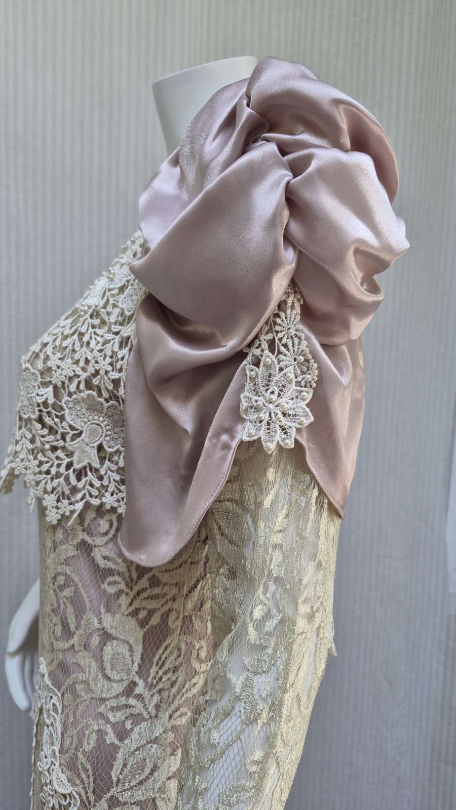 VTG 80s CACHET by Bari Protas Victorian Dusty Rose Satin & Lace Puff Slv Dress