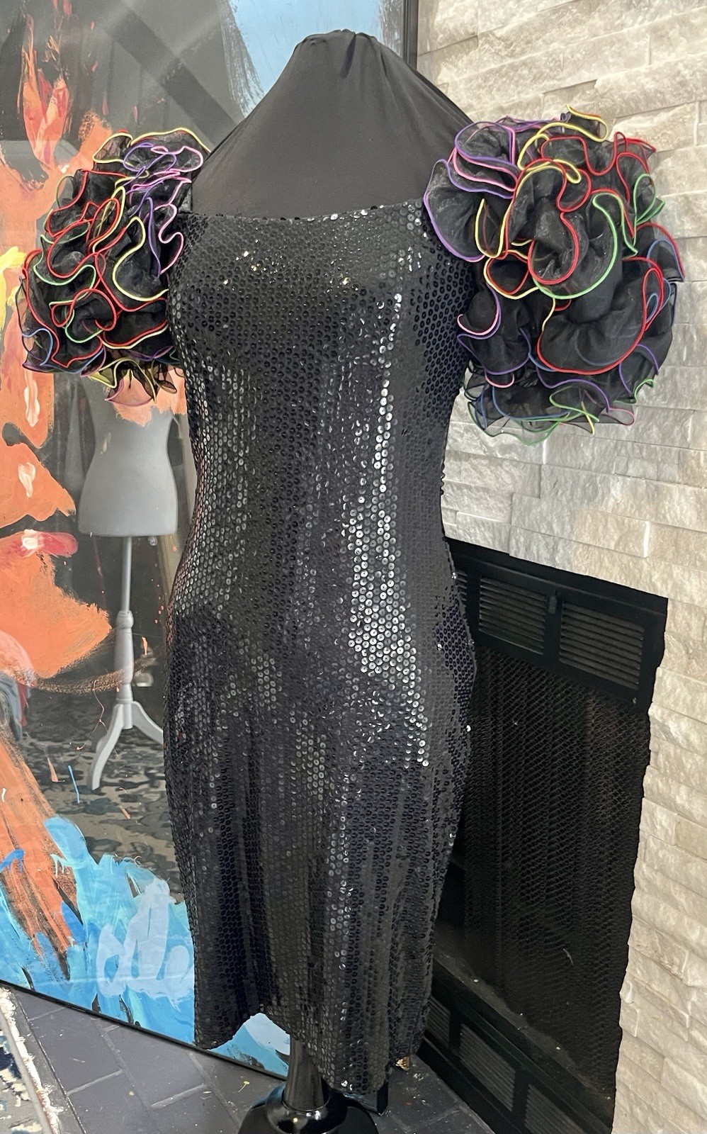 VTG 1980s Black Sequin Colorful Puff Sleeve By Cattiva Size 10 Dynasty