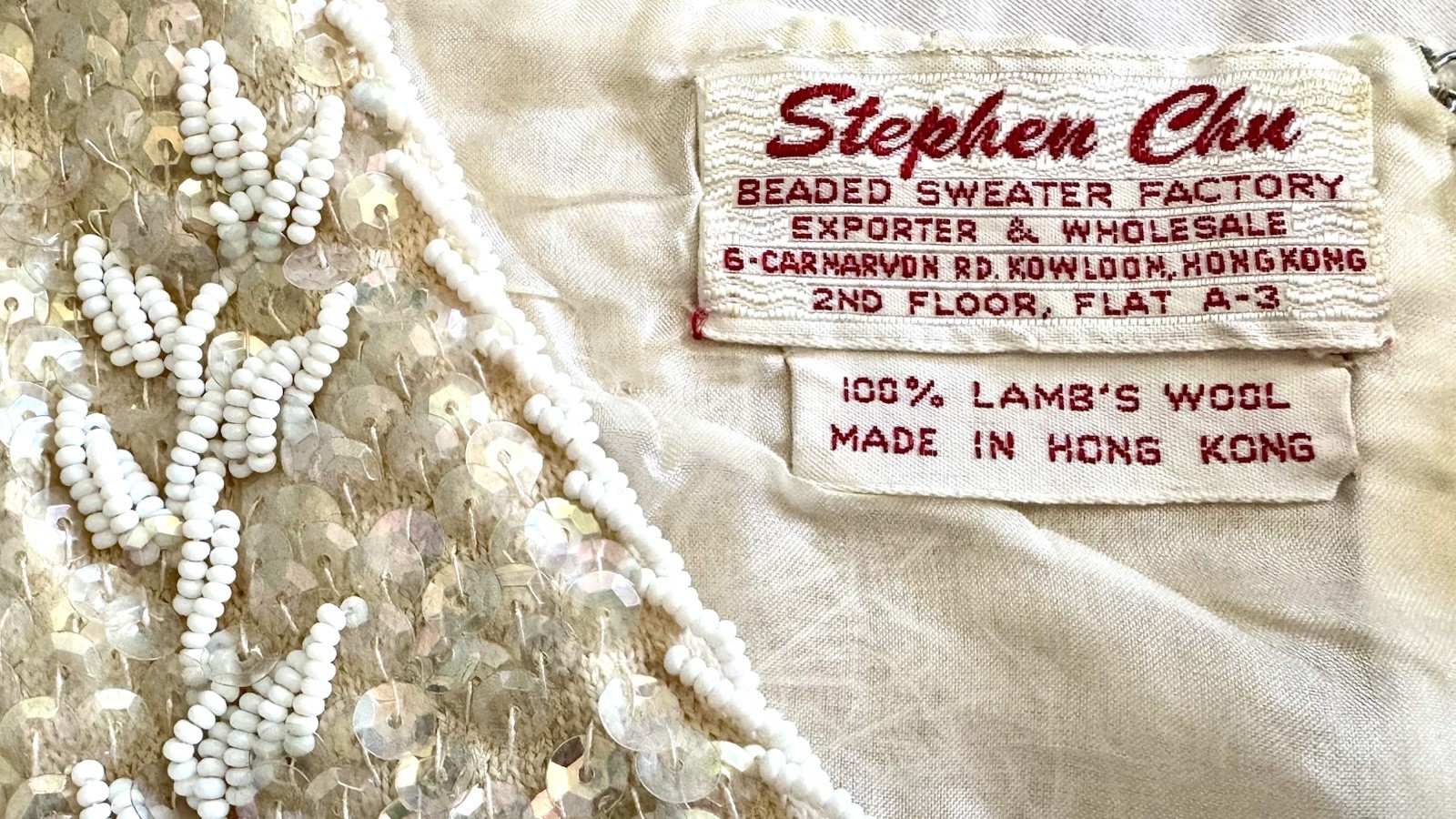 Vintage 50s Stephen Chu Imported Beaded Sequins Top With Fringe Hem Cream White