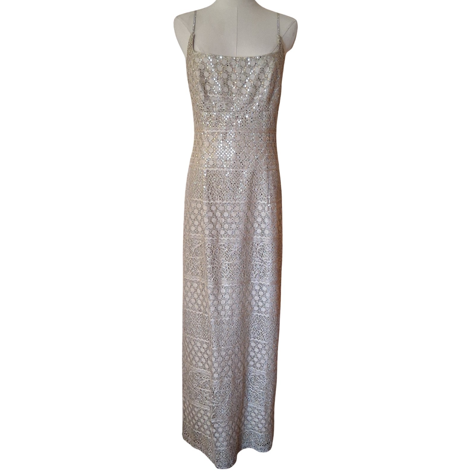 Vintage 1990s Crochet Metallic Sequin Empire Waist Rhinestone Deadstock Dress