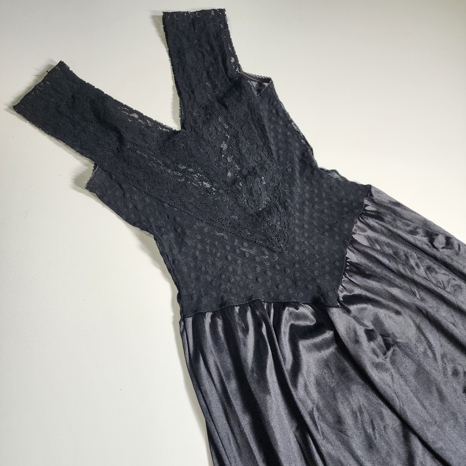 Vintage Romantic Goth Black Sheer Lace Maxi Slip Dress Nylon USA Union Made Med