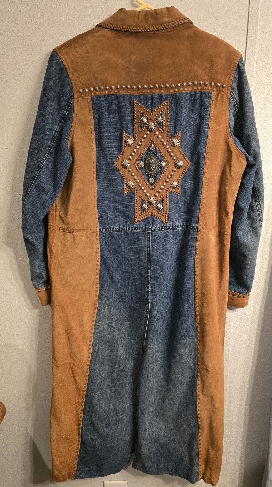 Vintage Cripple Creek Western Leather Denim Duster Long Jacket Trench Coat