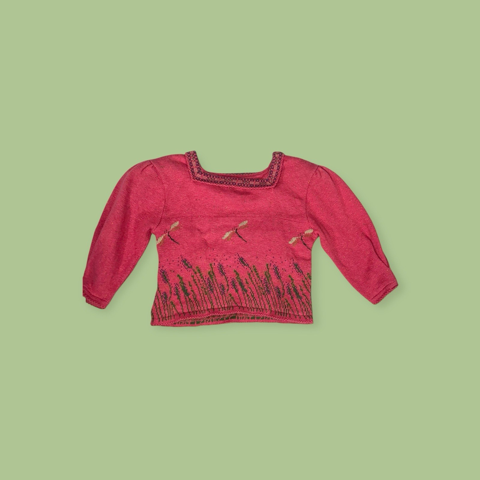 VTG 1990s COTTON DRAGONFLY WHIMSICAL CROPPED SWEATER Y2K FAIRY CORE BOHO PRAIRIE