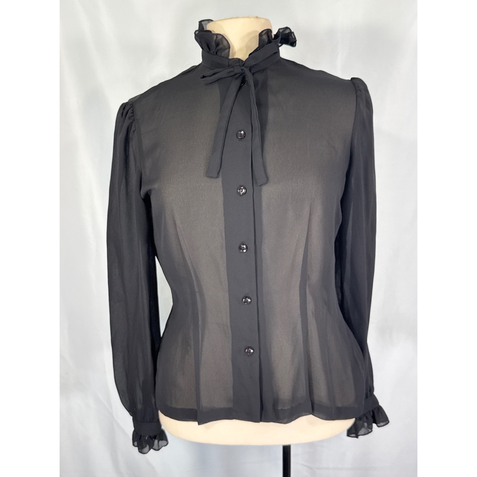 Vintage Collegian of California Black Sheer Ruffle Tie Neck Blouse Shirt 38 bust
