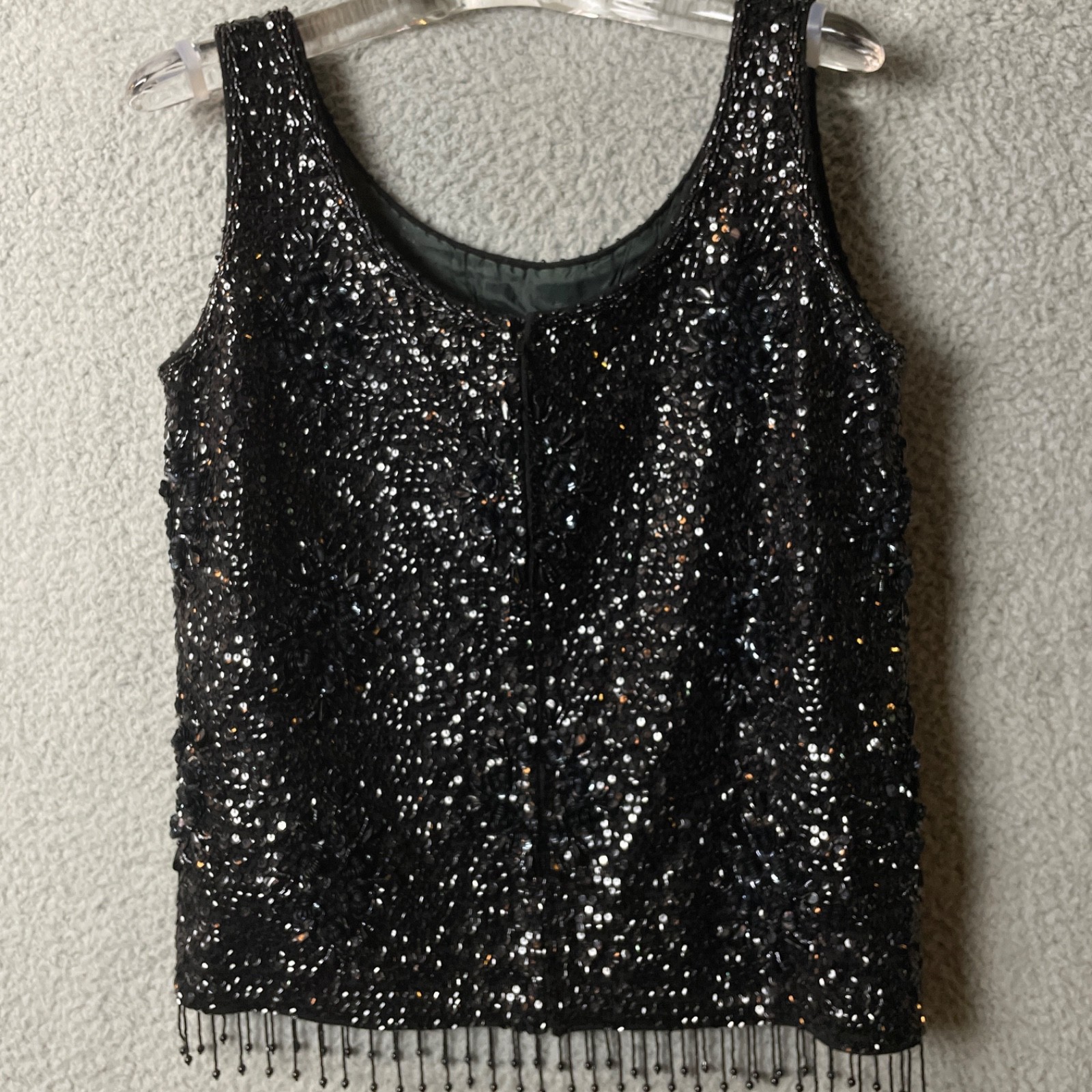 Vintage Black Sequin Beaded Fringe Tank Top Meduim Wool Evening Elegant 60s VTG