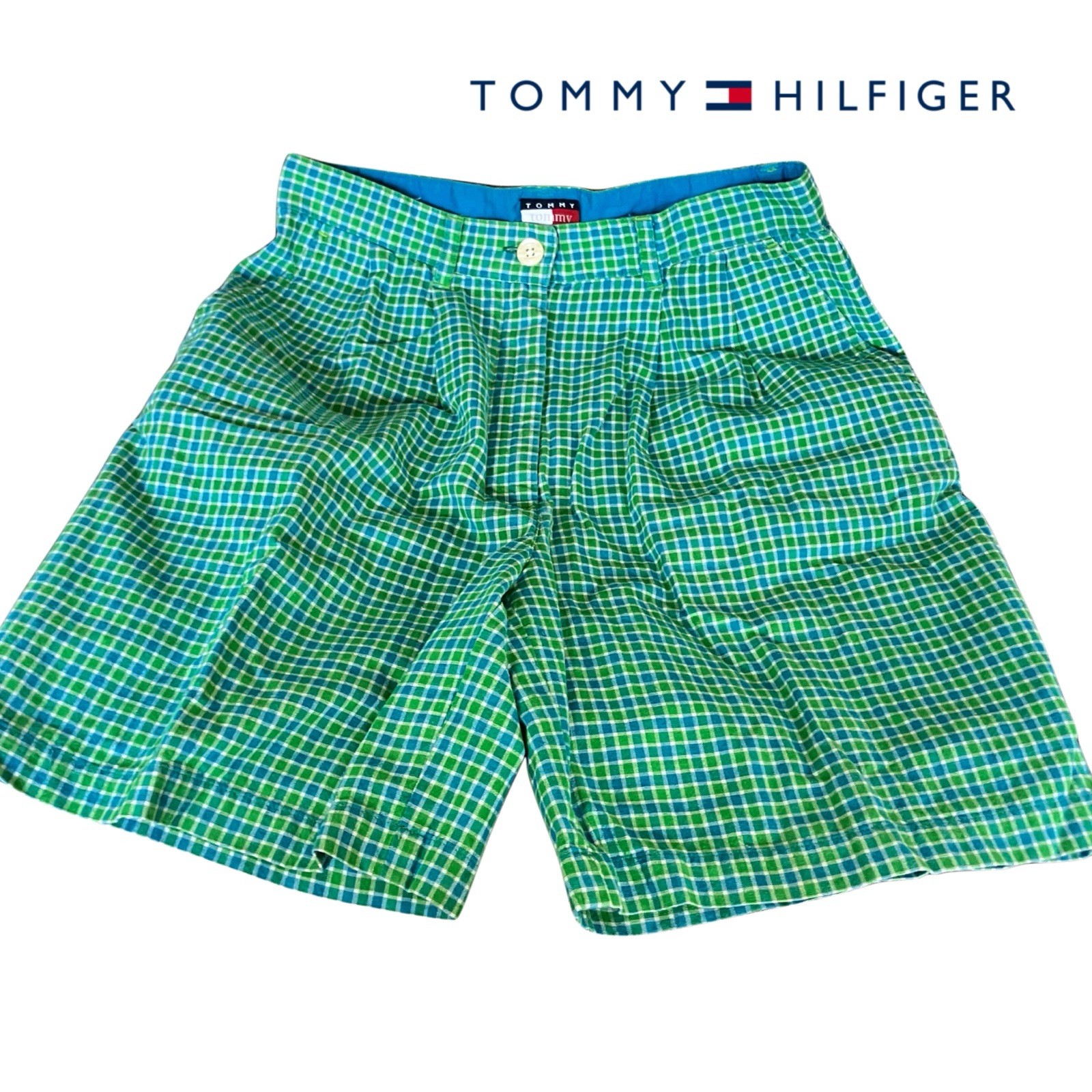 VTG Tommy Hilfiger SZ 8 Blue Green Tattersail High Waist Short Pleat Front Golf
