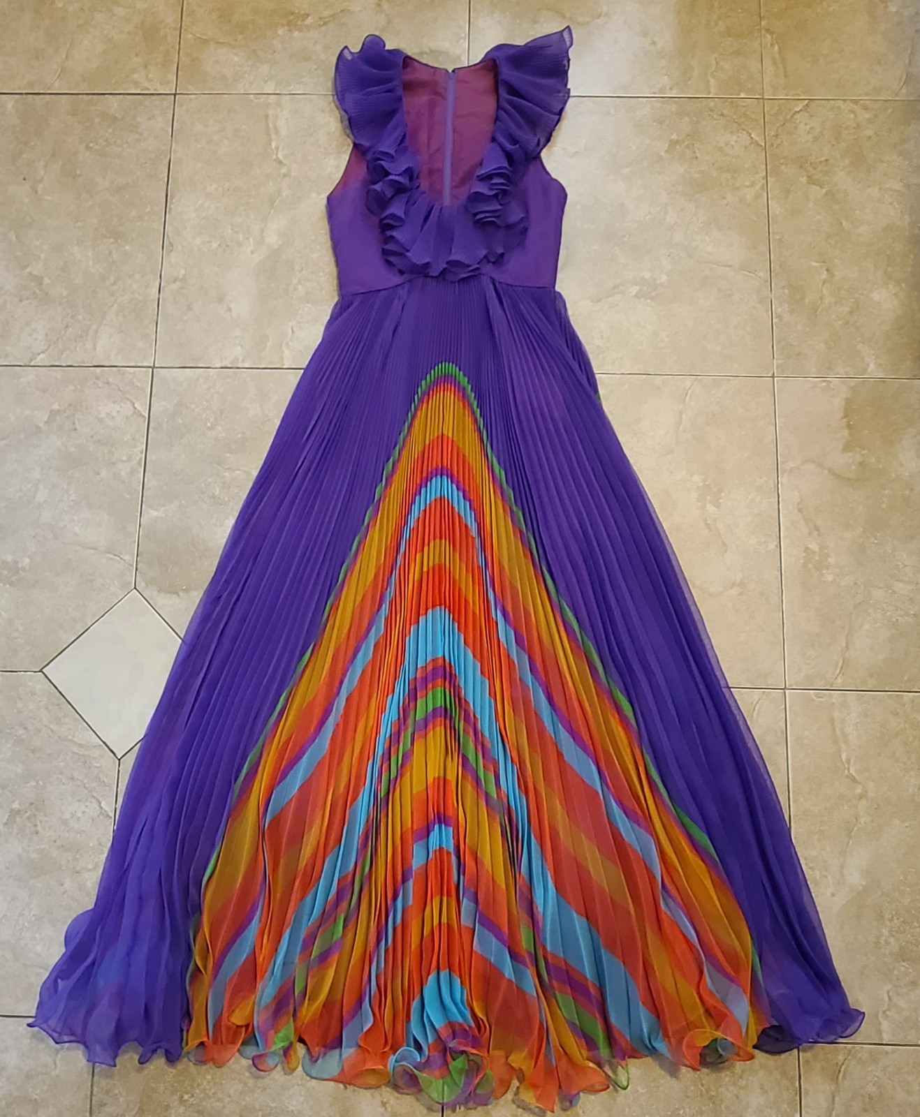 VTG Chiffon Pleated Rainbow Stripe Purple Maxi Dress Ruffle Collar V Neck UV Glo