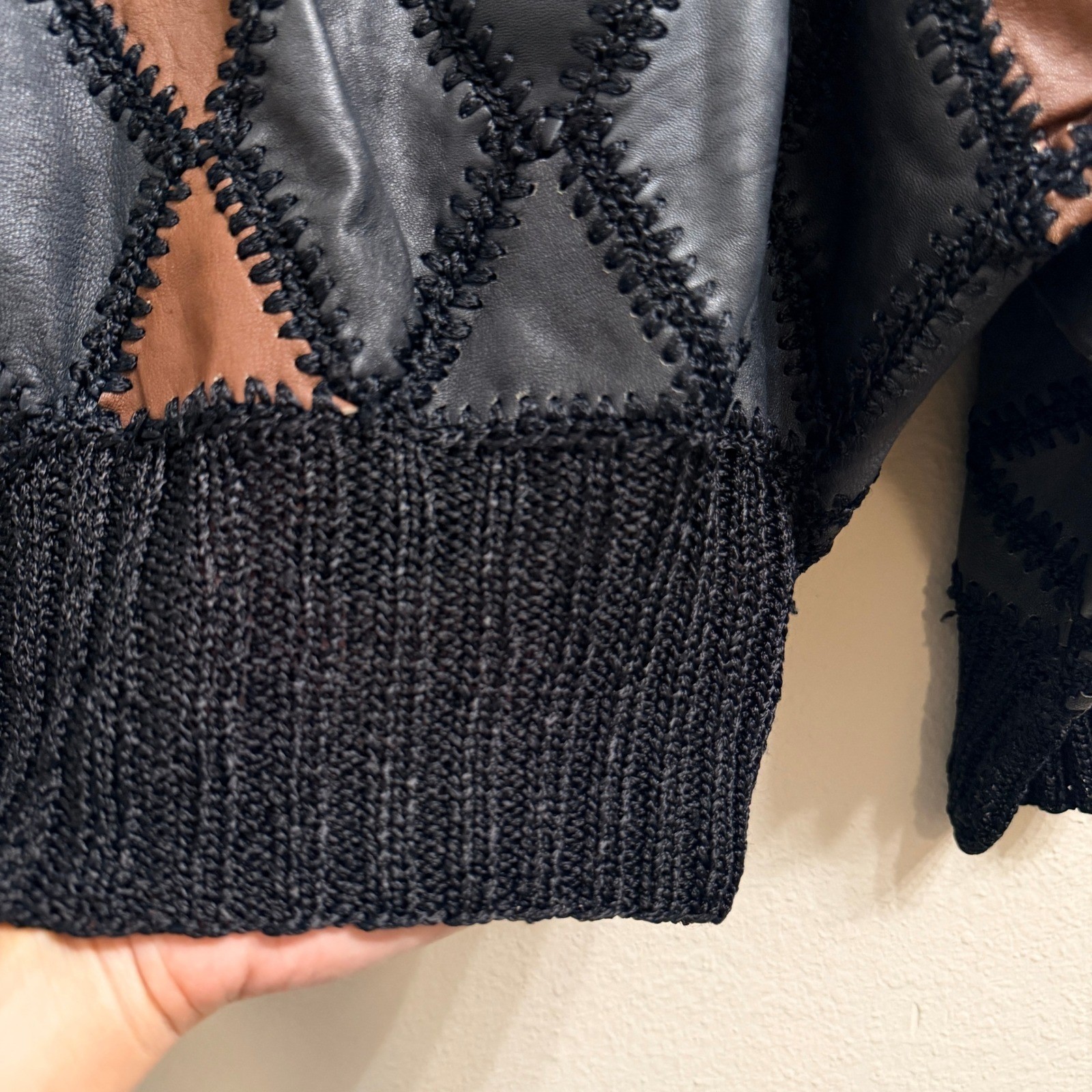 Vintage Leather Patchwork Sweater Diamond Knit Oversized Vintage Eclectic 80s
