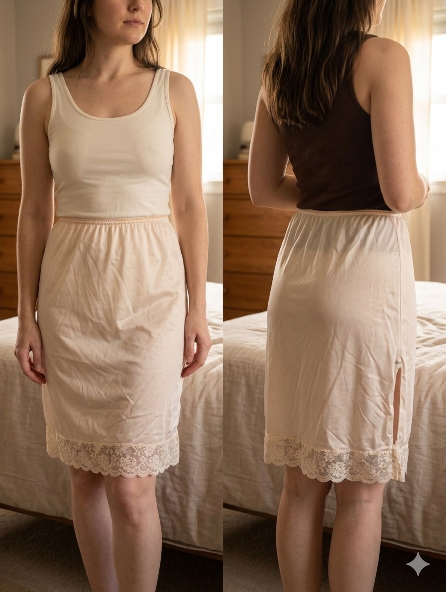 Vintage Maidenform Half Slip Chantilly Lace Trim Nude Skirt Size L ILGWU USA 80s