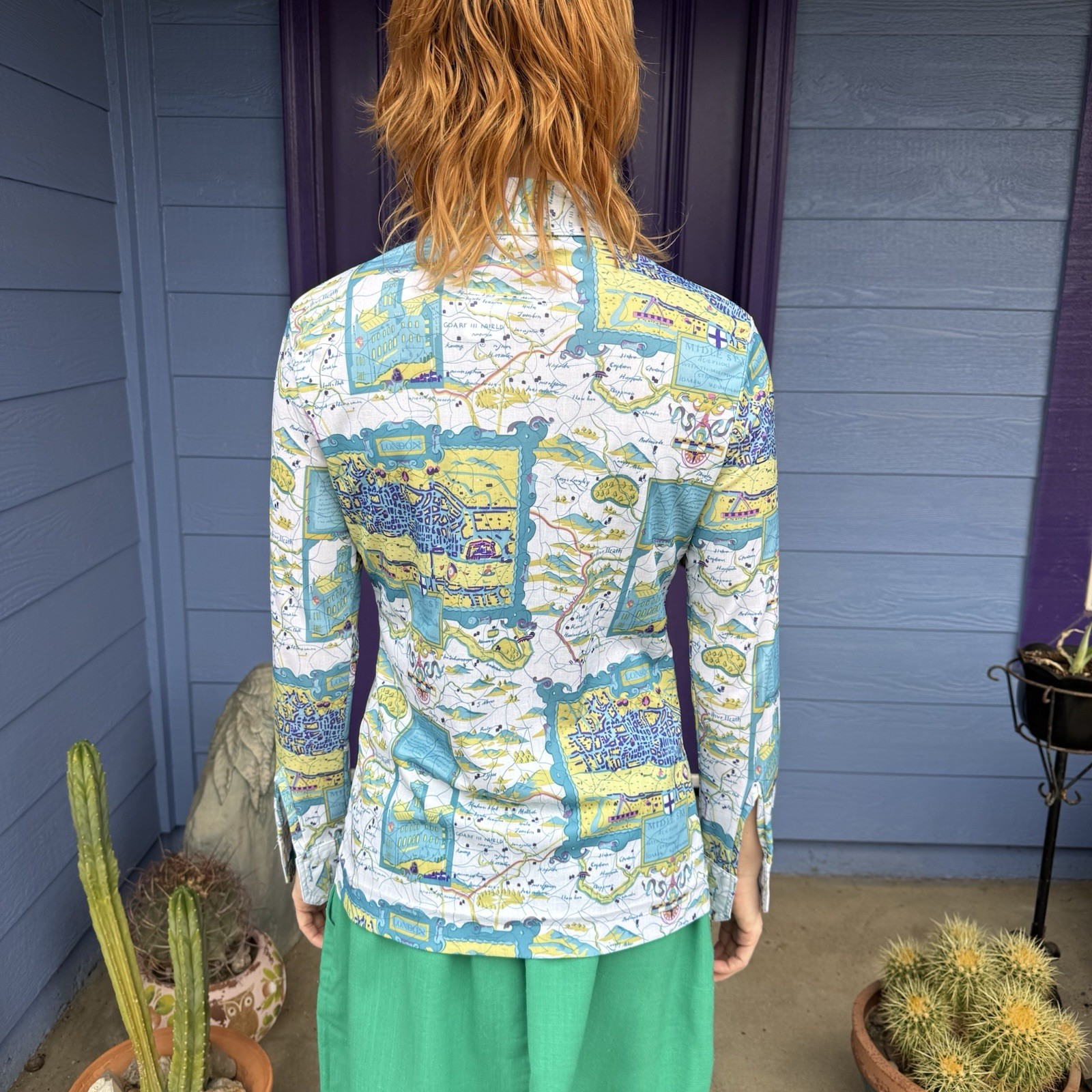 Vintage 70s Polyester Button Up Longsleeved Blouse Map Of London XS Small Blue