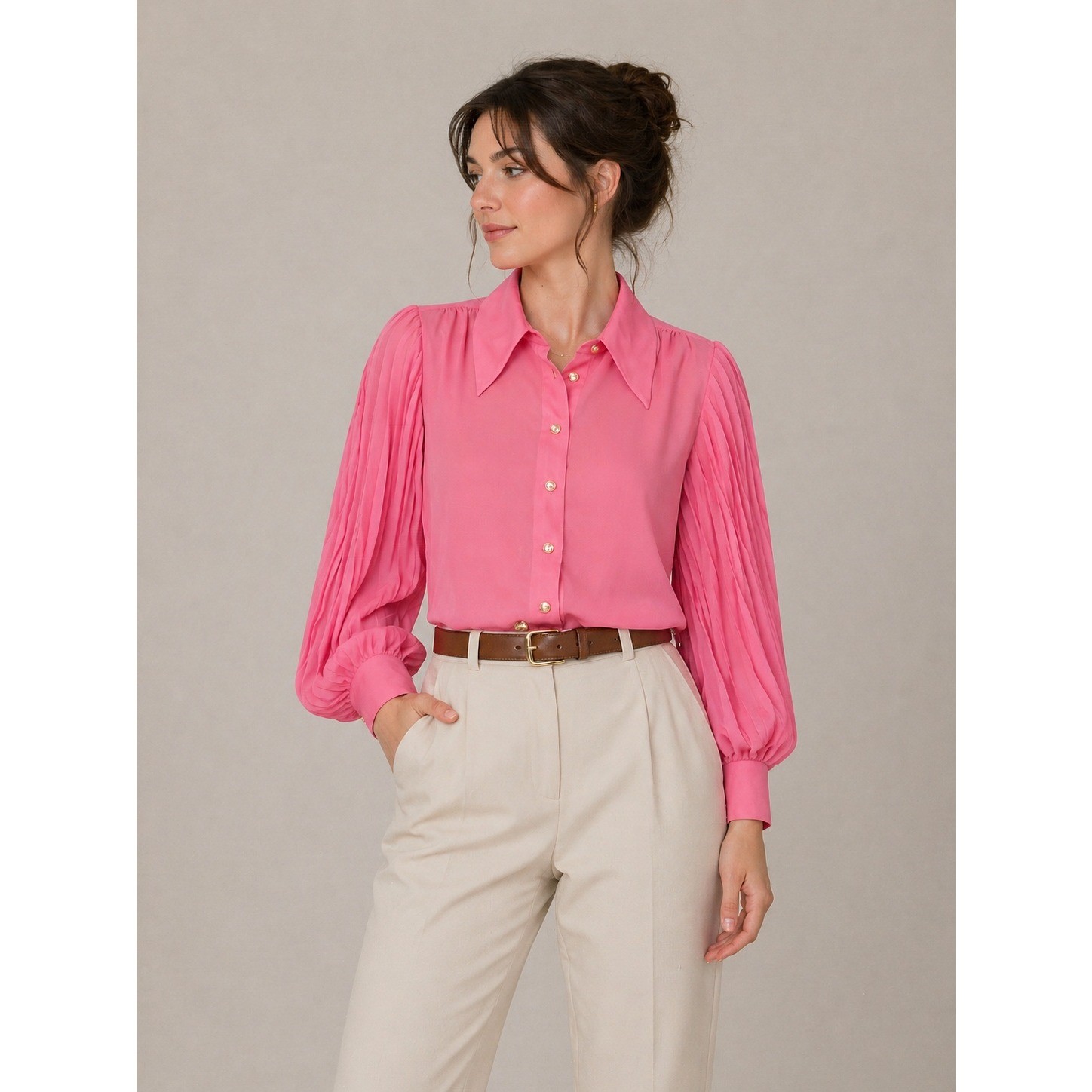 Vintage Dagger Collar Balloon Sleeve Blouse Retro Barbiecore Pink Chiffon S/M