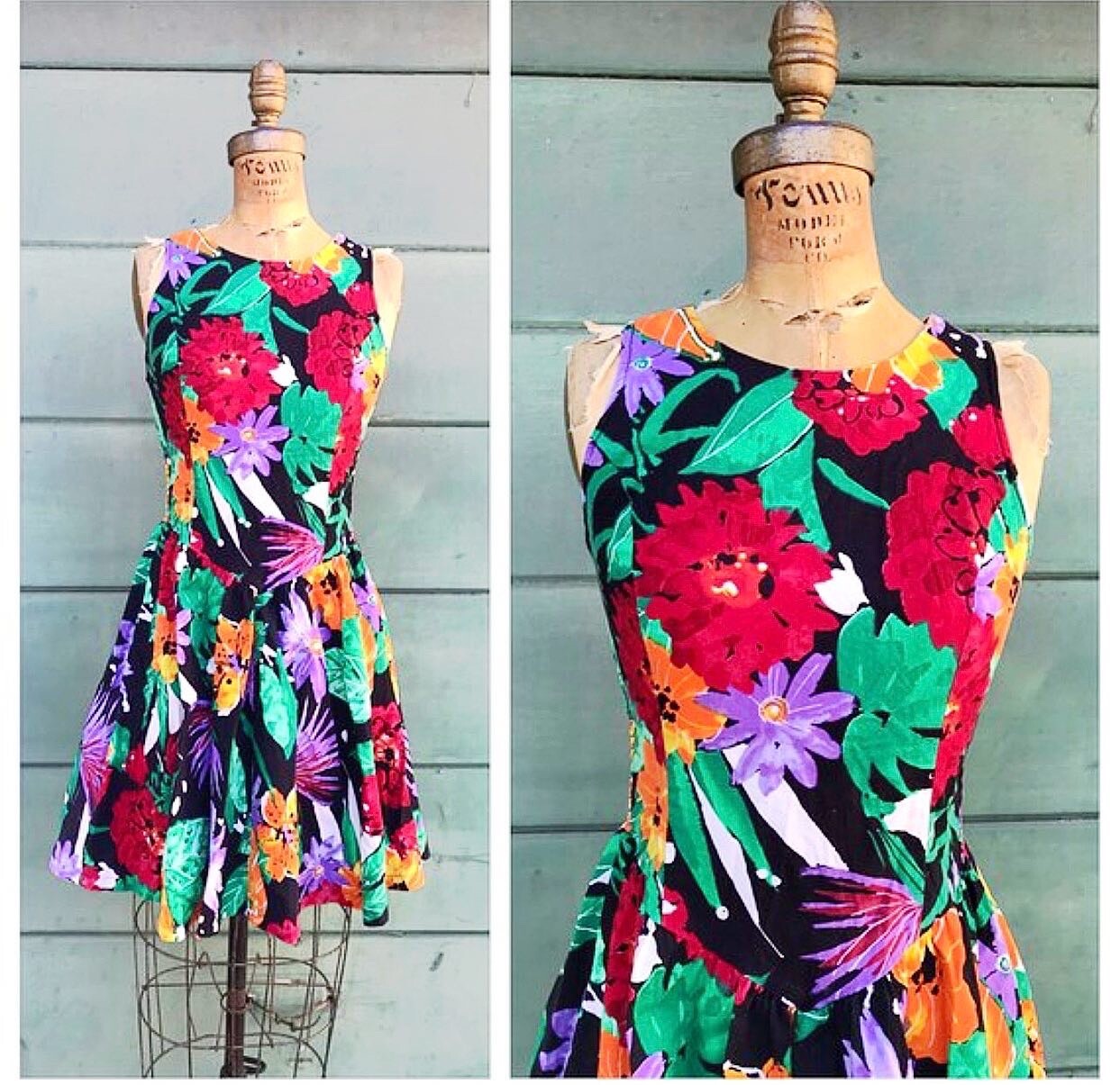 SMOCKED MINI SUNDRESS 1980’s 80s Vintage Black Hawaiian Aloha Floral Dress Xs S