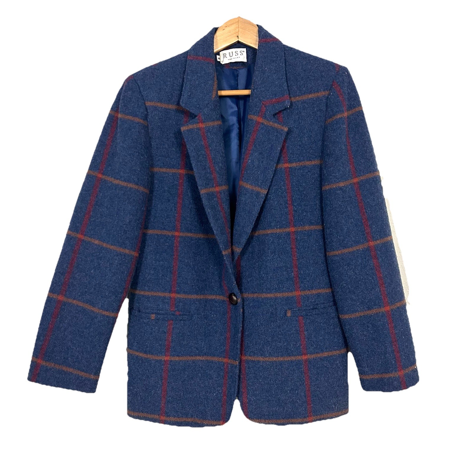 Vtg RUSS Wool Plaid Blazer Jacket Blue Red Brown USA Union Made ILGWU Sz 8