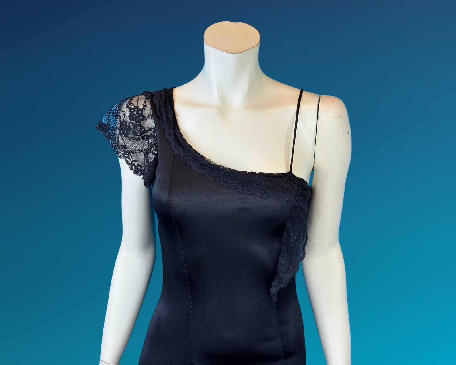 90s Dark Romantic Asymmetrical Black Negligee Slip Dress Nightgown | XS