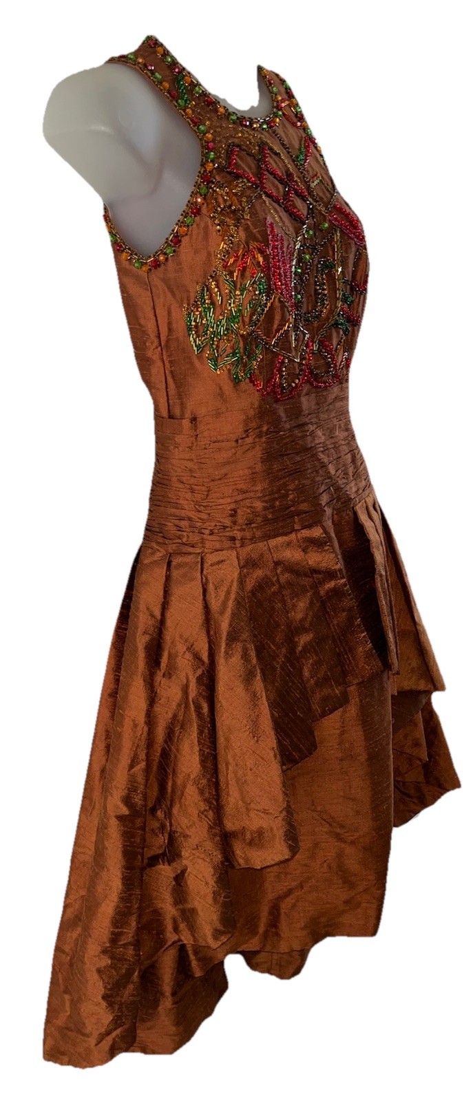 Stunning OOAK 1950s Raw Silk Hand Beaded Copper Bubble Evening Dress Tiered-Sz S
