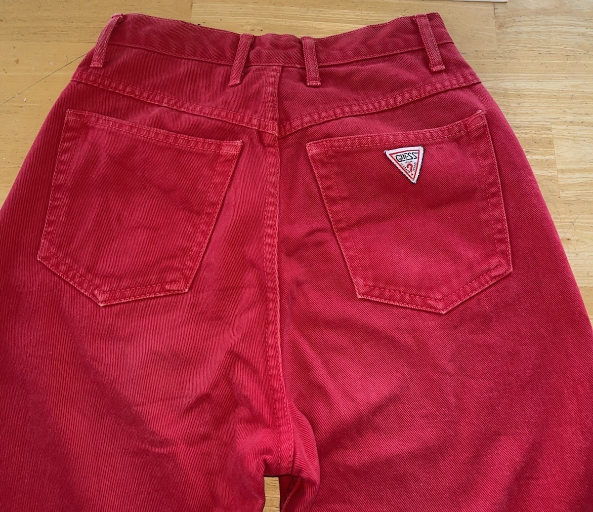Vintage 1990s Guess Jeans High Rise Scarlet Red Denim Barrel Tapered Mom USA 28