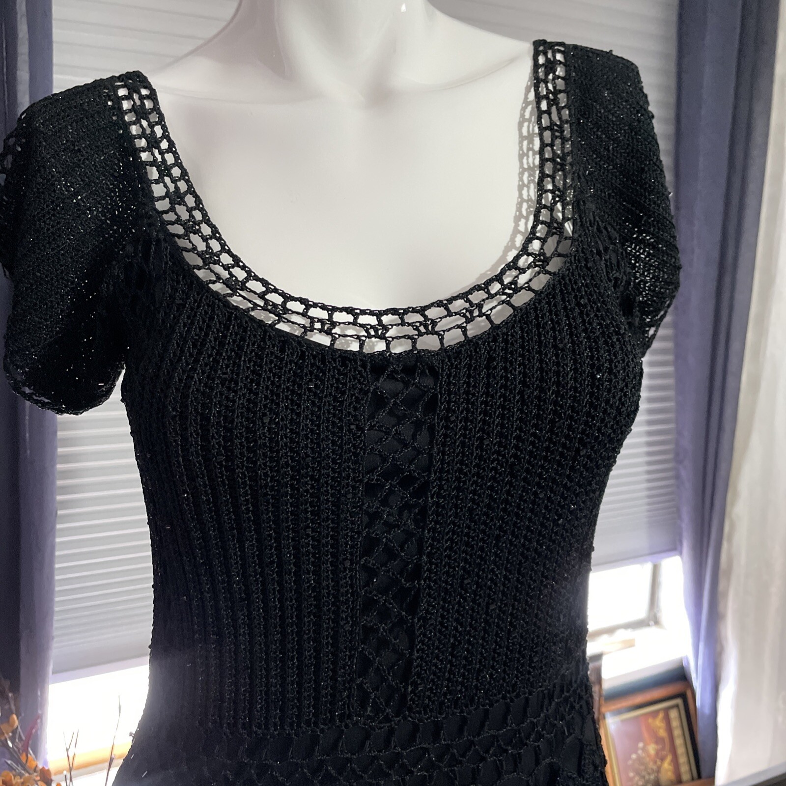 Gorgeous Vintage CACHÉ Black Beaded Crochet Knit Midi Dress XS/S/M