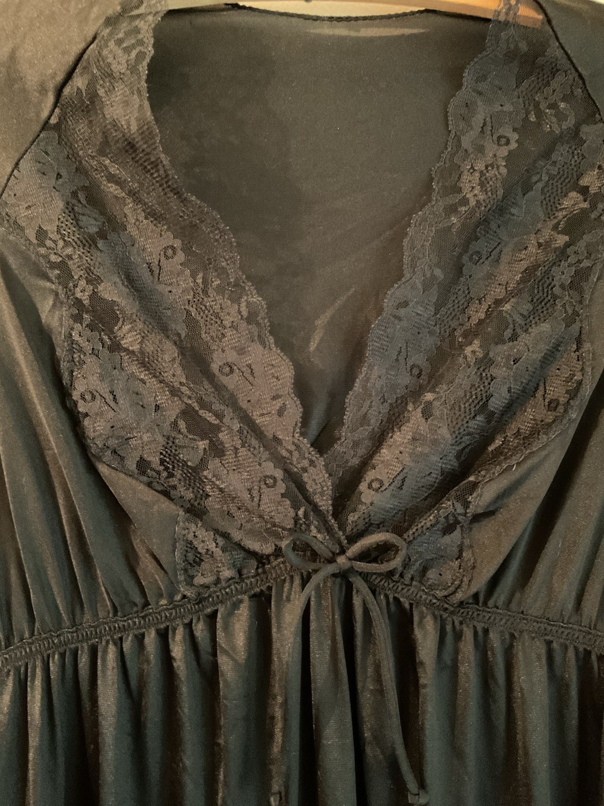 Vintage Gilead Black Nylon Maxi Nightgown Lace Trimmed Bodice Sz M