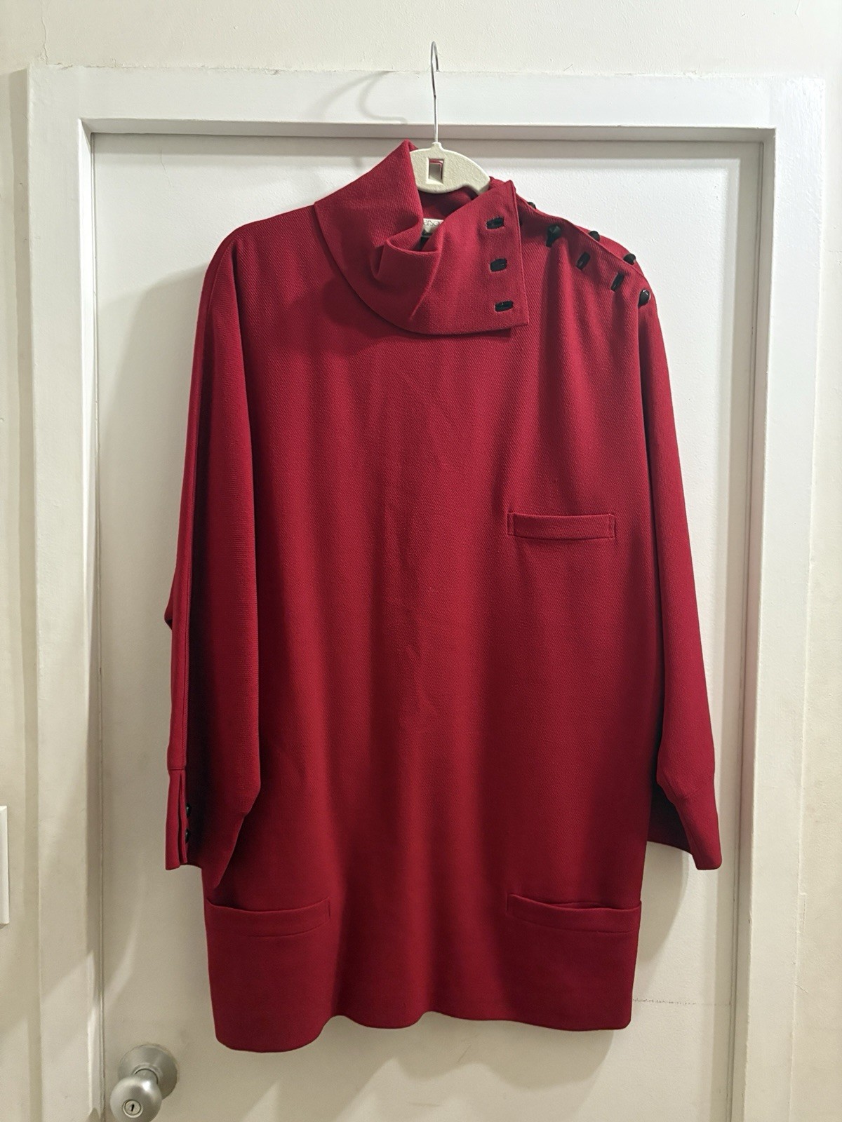 Gianni Versace 1980s Vintage Red Wool Funnel Neck Tunic Dress Made In Italy