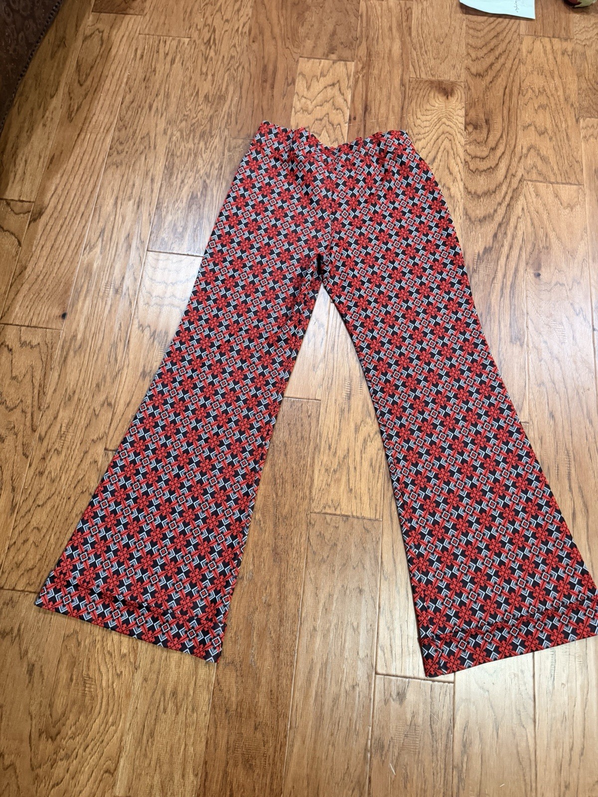 Vintage 1970’s Pants Women’s Black & Red Geometric Pattern Bell Bottoms Med/Lg