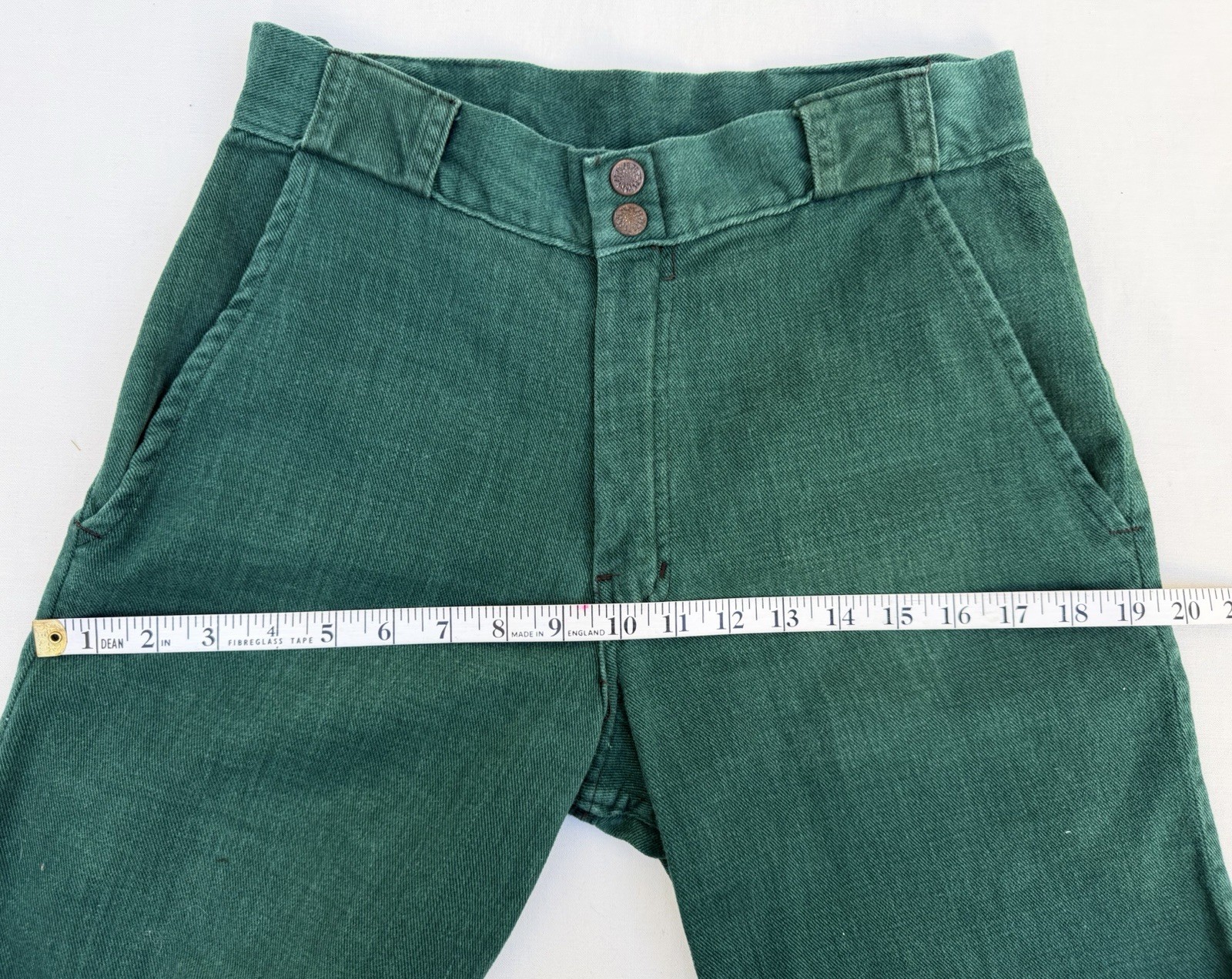 Vintage c1974 Forest Green Flared Pants Jeans Brushed Twill EUC 28” x 43.75”