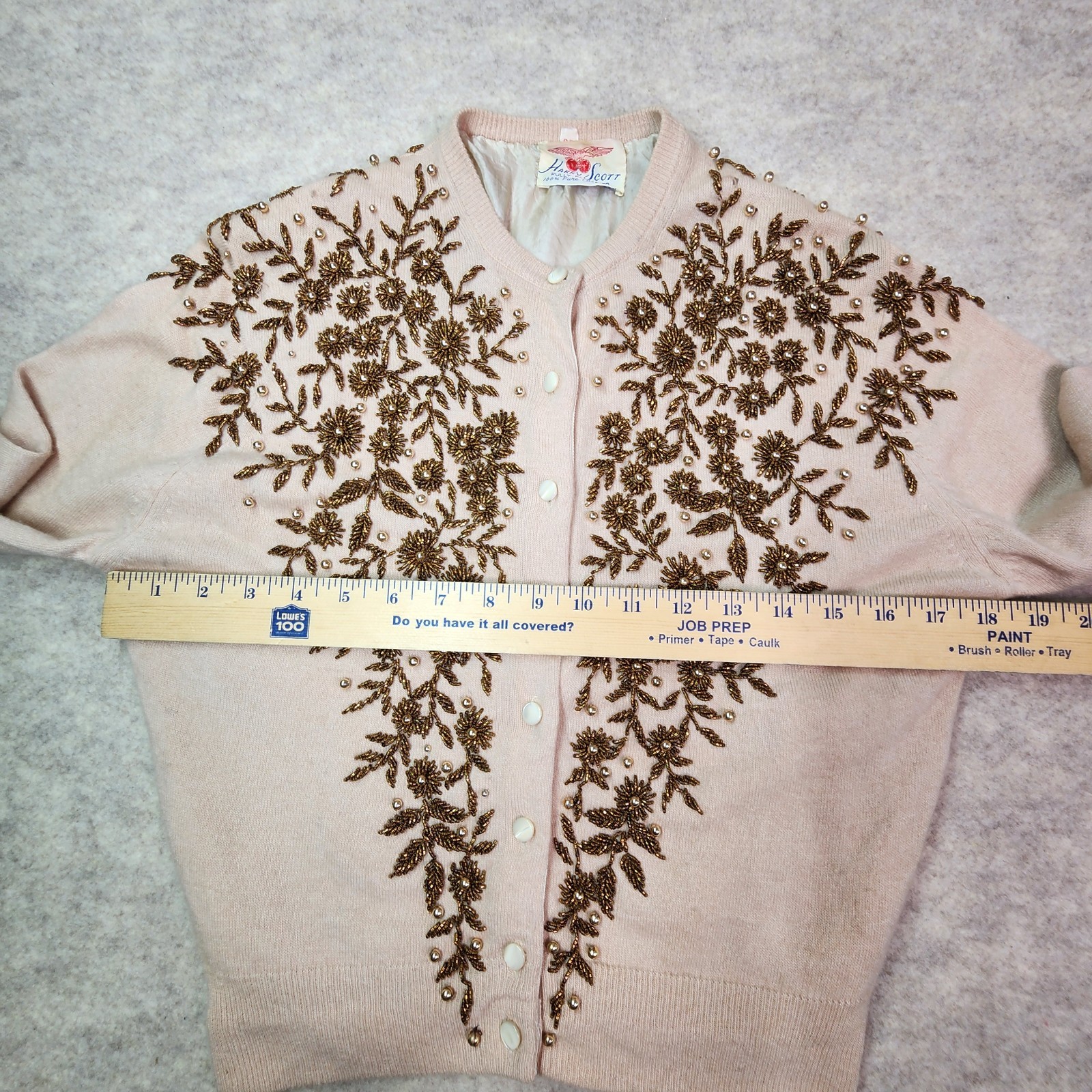 Vintage Floral Beaded Cashmere Cardigan Lined Pearlized Buttons Size 38 Gorgeous