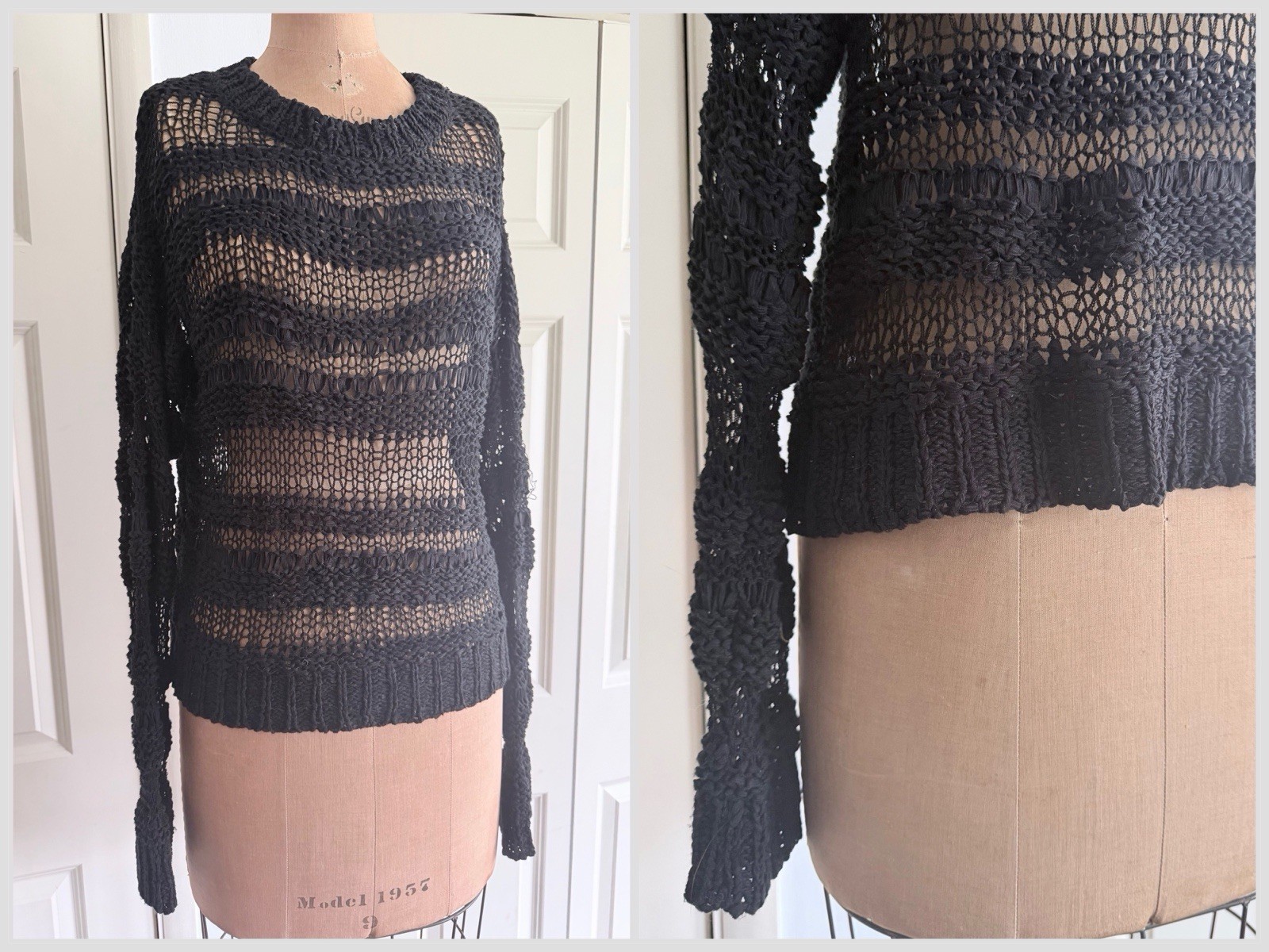 Vintage Y2K Luxe Open Weave Knit Crochet Sweater Black Grunge Punk