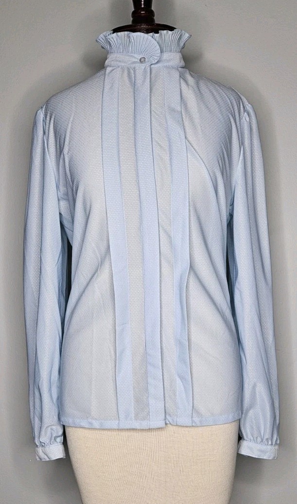 VTG 1970s Higbee Co Powder Blue Frill Button Front Blouse L