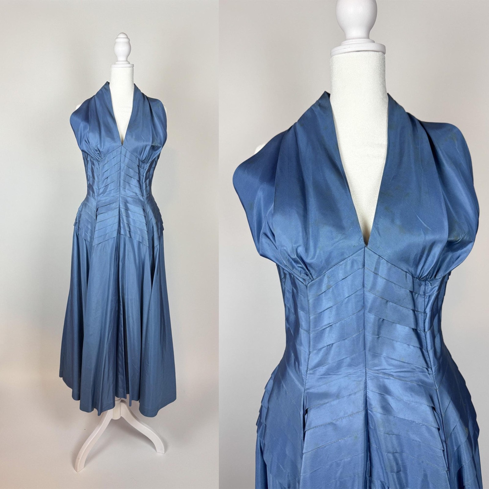 1940s Blue Taffeta Pleated Bodice Gown