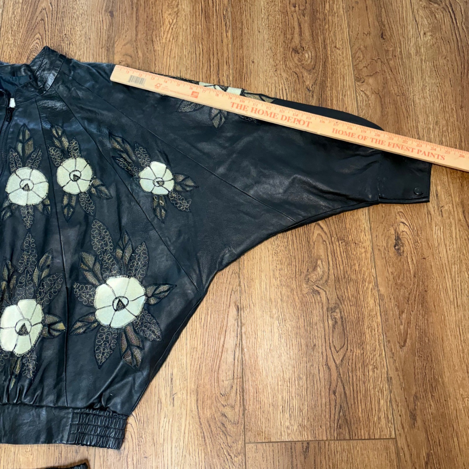Vintage 80s Black Leather Floral Appliqué Matching Set Batwing Jacket & Skirt XL