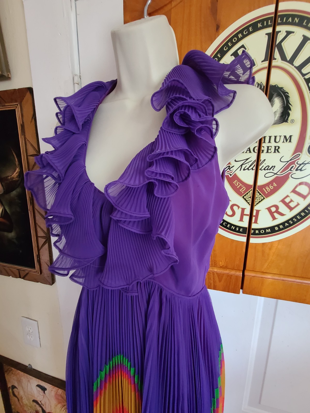 VTG Chiffon Pleated Rainbow Stripe Purple Maxi Dress Ruffle Collar V Neck UV Glo