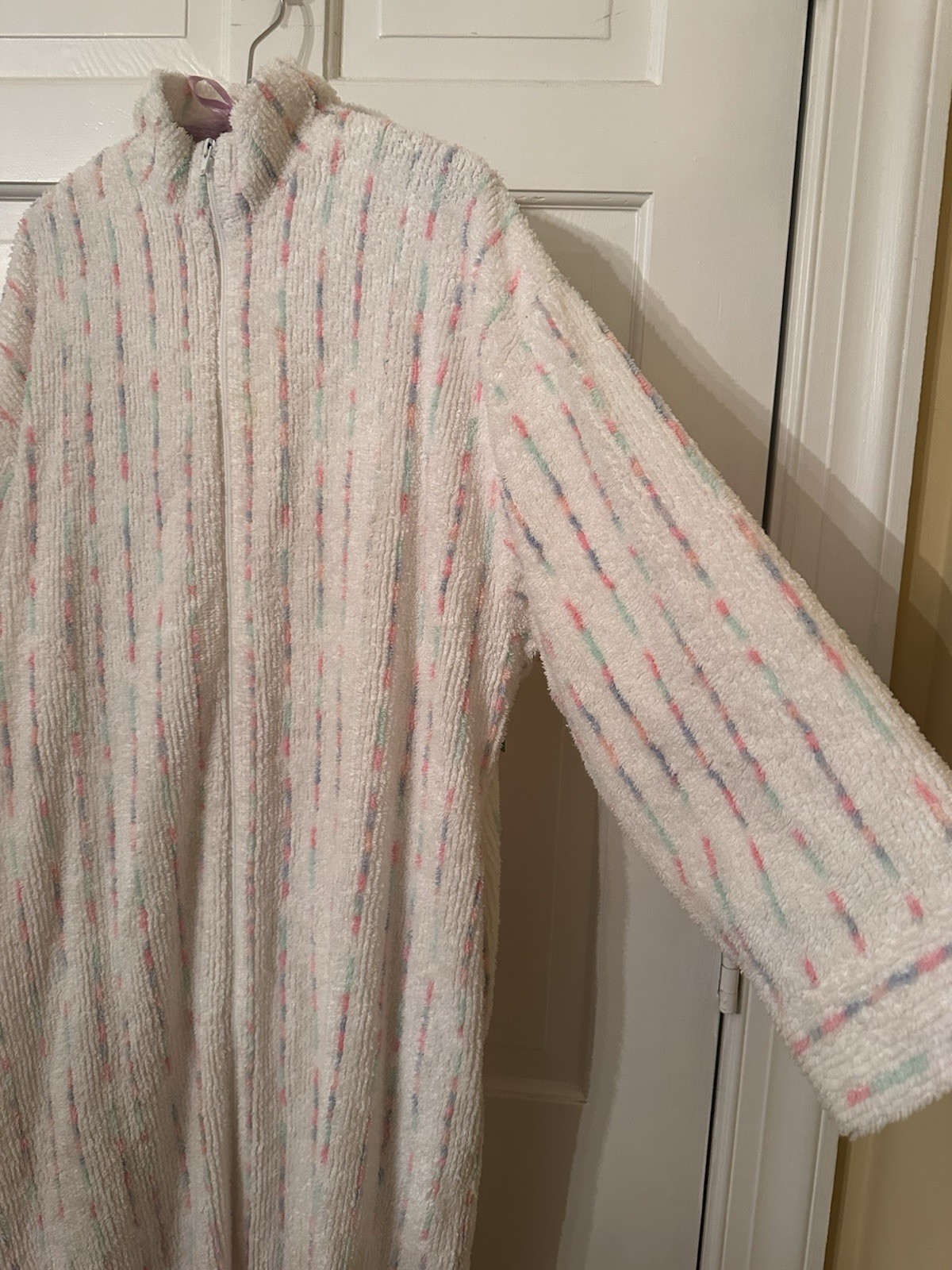 Vtg Stan Herman Chenille Zip Robe White Multicolor Striped Housecoat Pockets M L