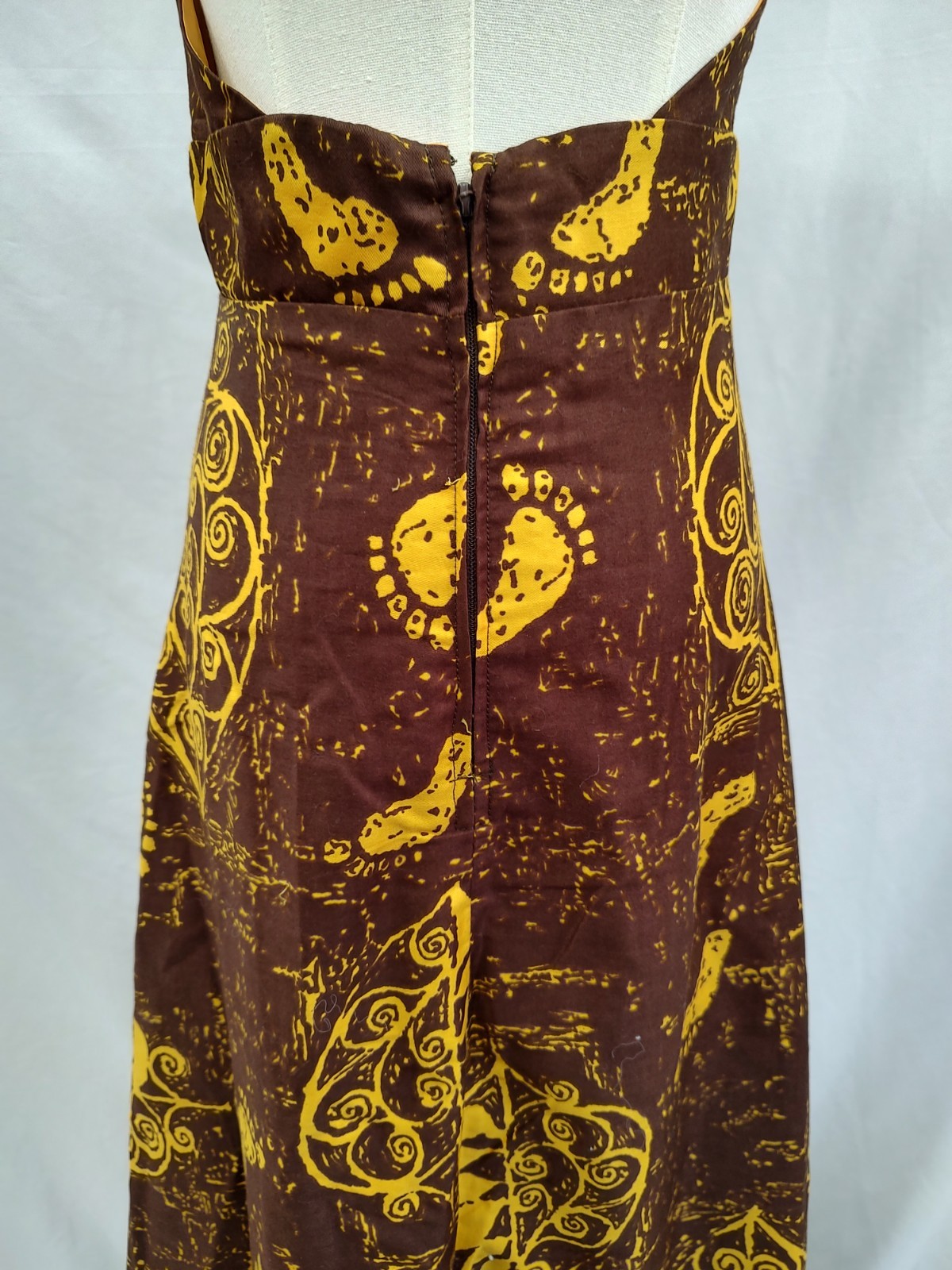 70&rsquo;s Vintage Hawaiian Dress Maxi Halter Tiki Barefoot Beach Print Brown Sz XS/S