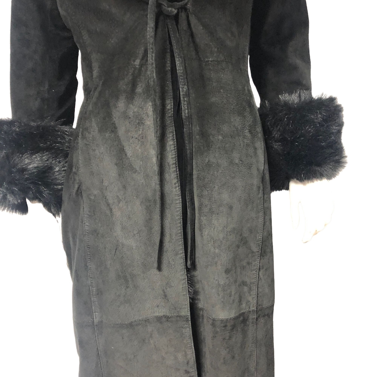 Vintage Y2K 2000s Express Black Suede Faux fur Long Coat Duster Size 5/6