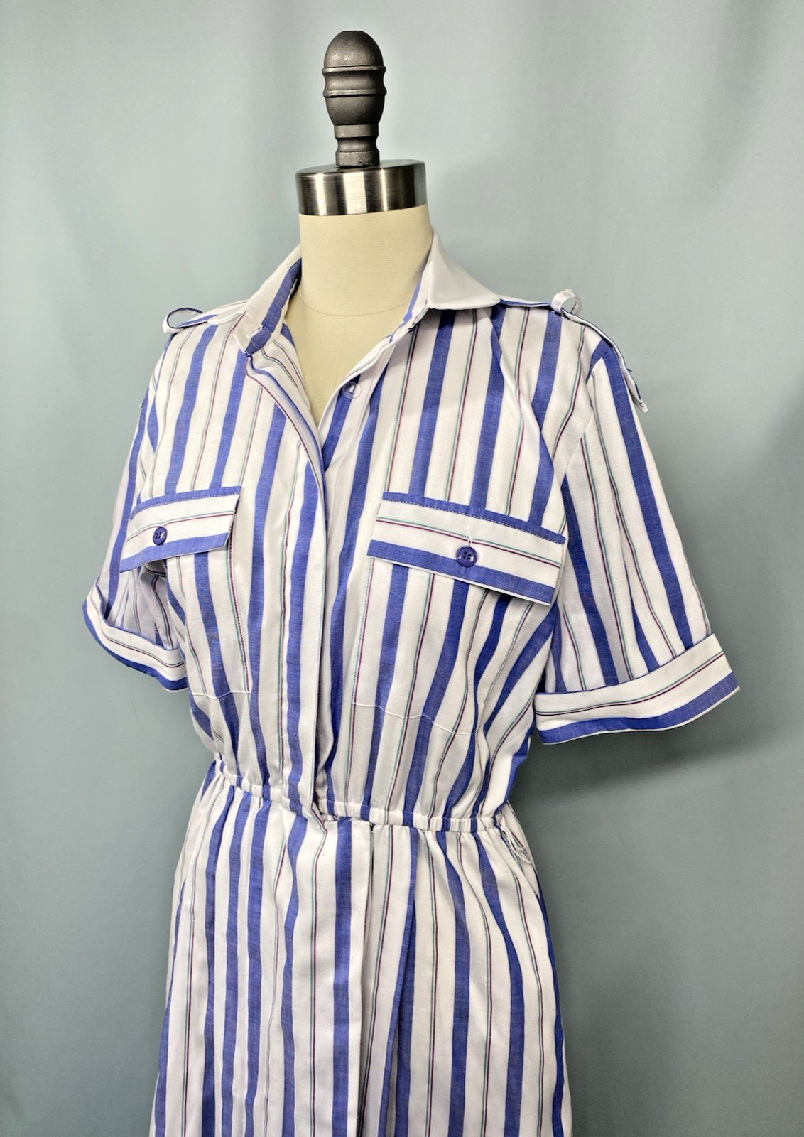 Vintage Dress SIZE XS 4 PETITE blue white classic stripe SCHRADER SPORT 70s 80s