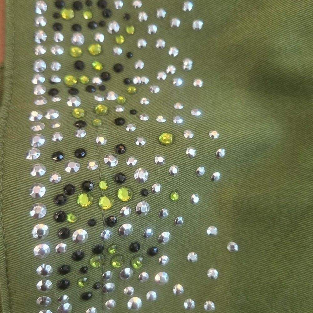 Quacker Factory Olive Green Rhinestone Embellished Denim Jacket XL Cotton