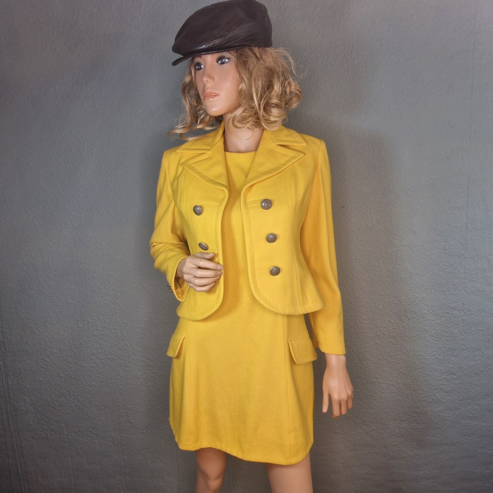 60&rsquo;s Designer Mod Go Go Lemon Yellow Wool Suit Dress Mini Dress & Jacket RARE SM
