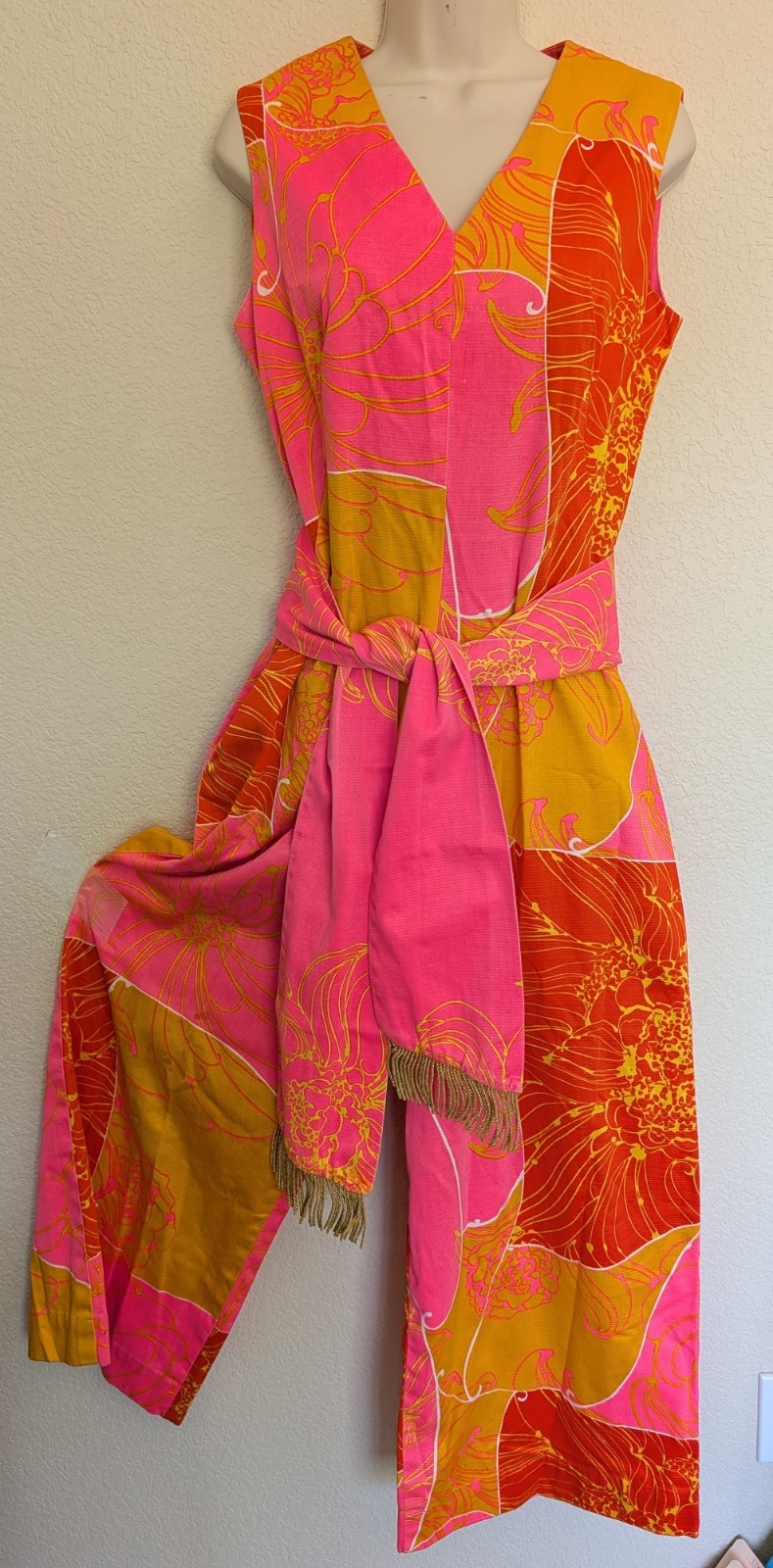 Vtg Psychedelic Floral Waltah Clarks Hawaiian Belted PantSuit jumpsuit M Dress