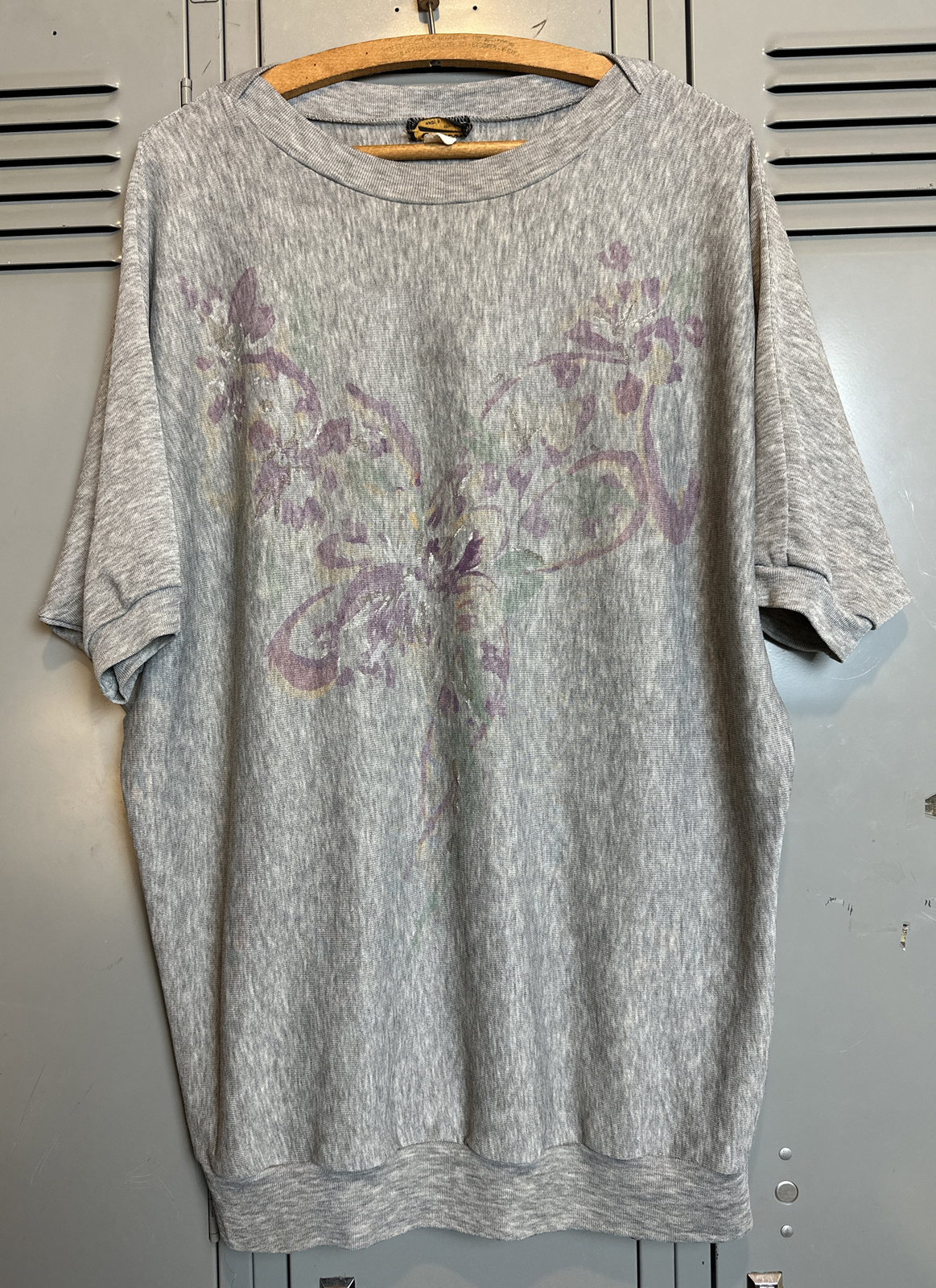 VTG 80s Pullover Lightweight Shirt Gray XL Painted Flowers T-Shirt Sweatshirt