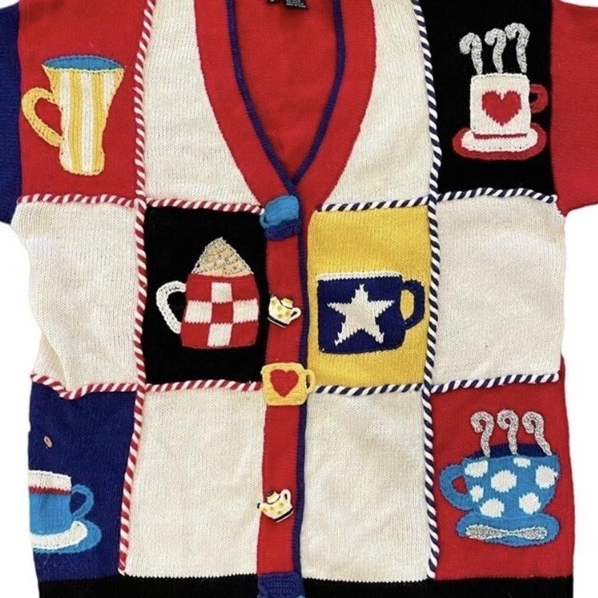 VTG Berek Cardigan Womens Small Patchwork Coffee Tea Art Sweater 90s