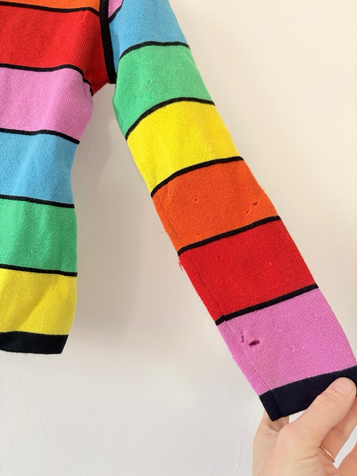1960s Mod Geometric Color-Block Day Glo/Rainbow Wool Crewneck Sweater AS IS