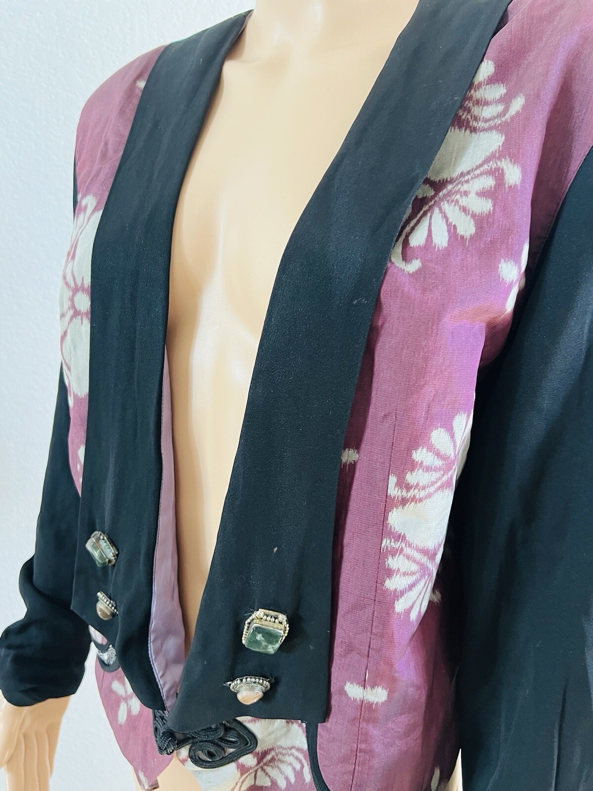 VTG Rebel Smith USA Silk* Open Jacket Floral Art Top Gemstone Accents M/L* OOAK