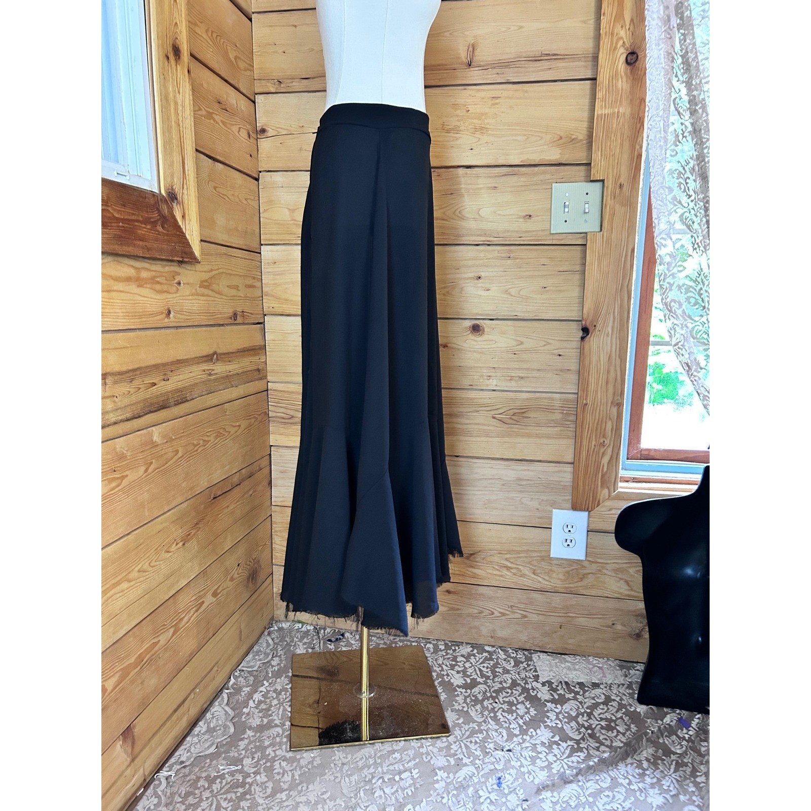 Vintage Maxi Skirt Women Large Black Trumpet Mermaid Flared Raw Hem Handmade